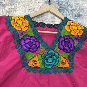 Handmade Embroidered Blouse Womens Boho Floral Top Pink Festival Style
